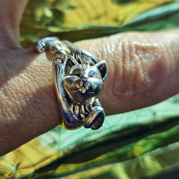 Silver 925 Retro Cat Original Opening Ring Adjustable Knuckle Women Kitty 6-7 - Picture 8 of 12